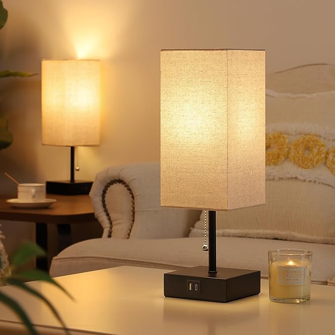 GGOYING Set of 2 Bedside Table Lamp, Pull Chain Table Lamp with USB C+A Charging Ports, 2700K LED Bulb, Fabric Linen Lampshade, Nightstand Lamp for End Table Livingroom Bedroom Office Guestroom