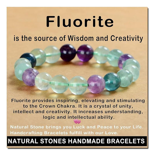 AD Beads Handmade Gemstone Stretch Elastic Bracelet Crystal Healing Reiki Nature's Beauty and Spiritual Essence Unisex (12mm, Fluorite)