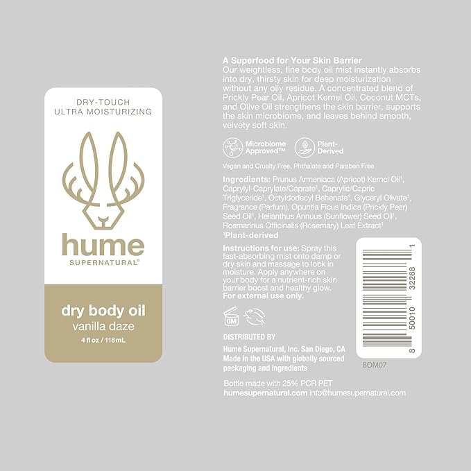 HUME SUPERNATURAL Dry Body Oil Spray - Moisturizing Oil for Dry Skin, After Shower Body Oils for Women and Men, Nourishing, Hydration, Glow, Vanilla Daze, 2-Pack