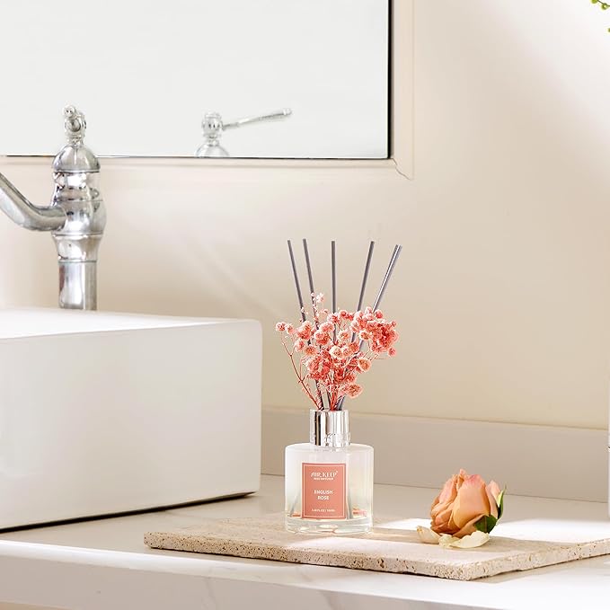 Airkeep Reed Diffuser Set,3.38 fl oz (100 ml) - English Rose Oil Diffusers with 8 Reed Sticks, Home Fragrance Reed Diffuser for Bathroom Shelf Decor