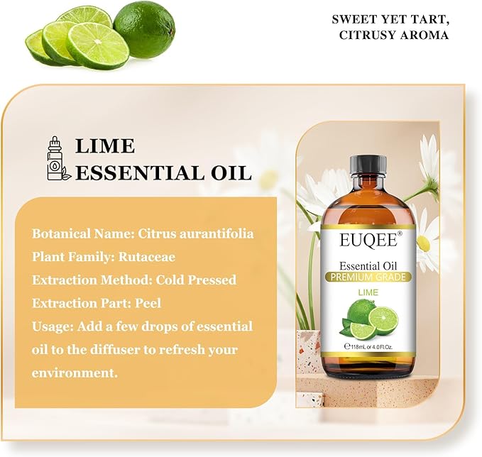 EUQEE Lime Essential Oil 4fl oz Pure Lime Oil Essential Oil with Dropper for Diffusers, DIY Soap & Bath Bombs (118 ml)