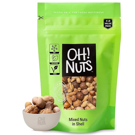 Oh! Nuts Mixed Nuts in Shell - Raw - 100% Natural - 4 lb - Jumbo-Sized Premium Shelled Nuts - Packed in New York Zip-Seal Bag for Exceptional Freshness
