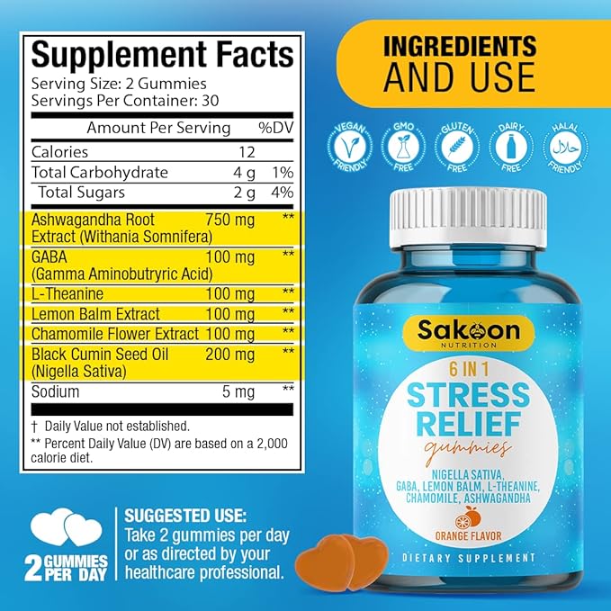 6-in-1 Stress Relief Gummies 60ct - Aids Relaxation with Ashwagandha, GABA, L-theanine, Lemon Balm, Chamomile, Black Cumin Seed Nigella Sativa. Improved Deep Sleep, Joint Support - 60 gummies