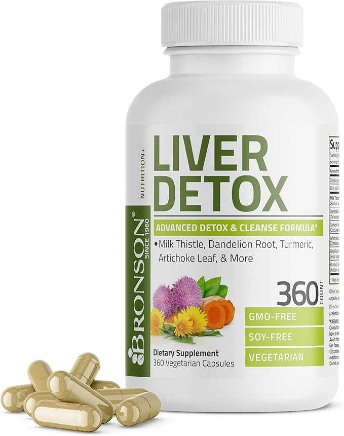 Bronson Liver Detox Advanced Detox & Cleansing Formula Supports Health Liver Function with Milk Thistle, Dandelion Root, Turmeric, Artichoke Leaf & More, Non-GMO, 360 Vegetarian Capsules
