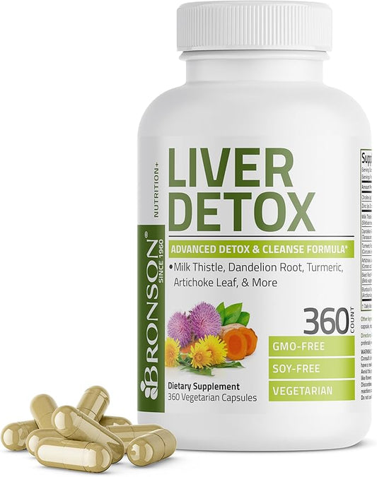 Bronson Liver Detox Advanced Detox & Cleansing Formula Supports Health Liver Function with Milk Thistle, Dandelion Root, Turmeric, Artichoke Leaf & More, Non-GMO, 360 Vegetarian Capsules