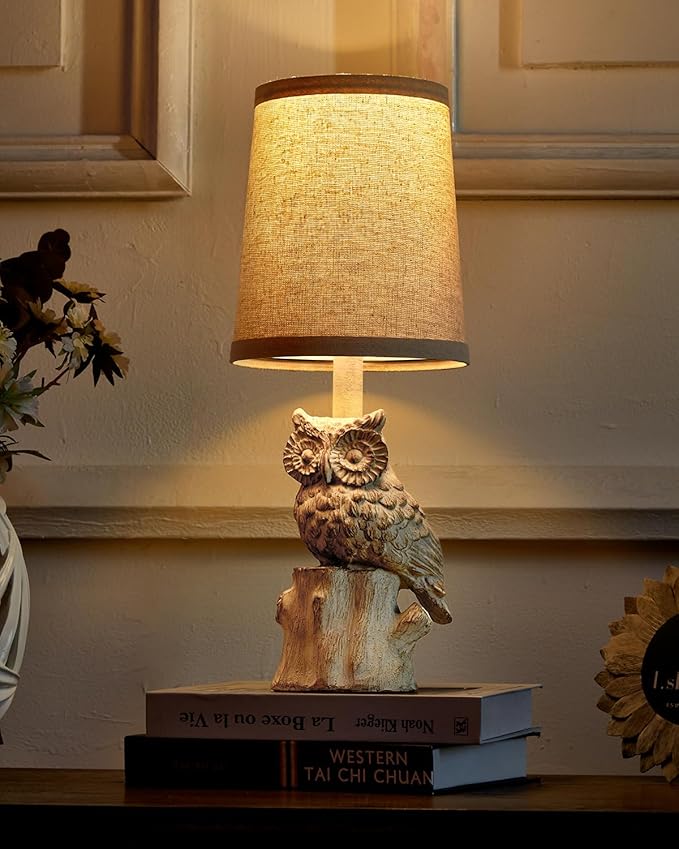 14.25" Small Table Lamps Set of 2 Owl Lamps for Home Decor Rustic Farmhouse Vintage Bedside Table Resin Retro Nightstand, White
