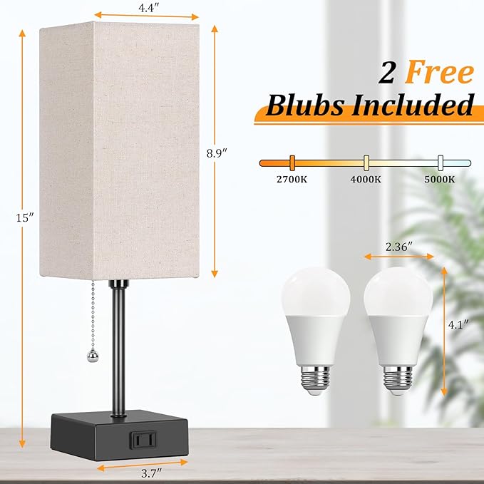 15'' Table Lamp for Bedroom set of 2,3-Color Bedside Lamps with Pull Chain Table Lamps for Night stands with AC Outlet,Small Night Light Lamps with 2 Bulbs Lamps for Living Room Kids Room Office Decor