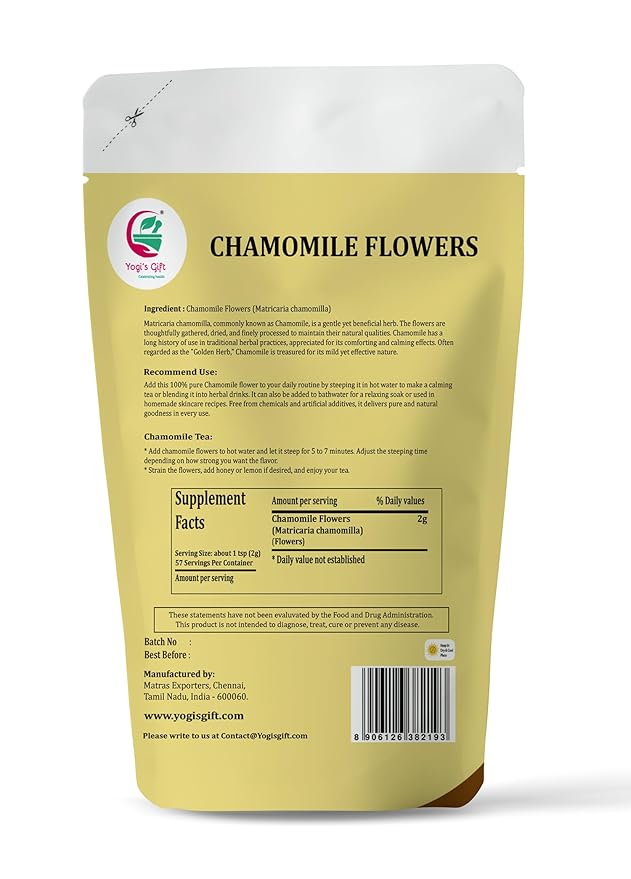 Chamomile Flowers 4 oz, 100% Natural Loose Leaf Chamomile Tea, Whole Dried Flowers for Herbal Tea, Resealable Bag for Freshness - By Yogi’s Gift®
