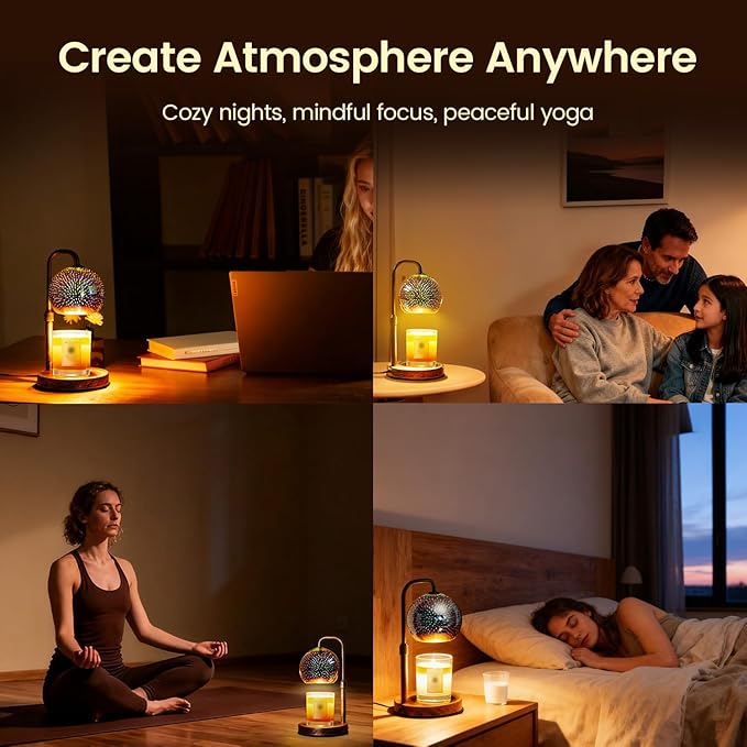Glocusent Candle Warmer Lamp with 3D Glass Globe, Antique Base, Dimmable Height Adjustable Wax Melter for Scented Jar Candles, 2-8H Auto Timer, Christmas Birthday Gifts for Women, Home Decor Lighting
