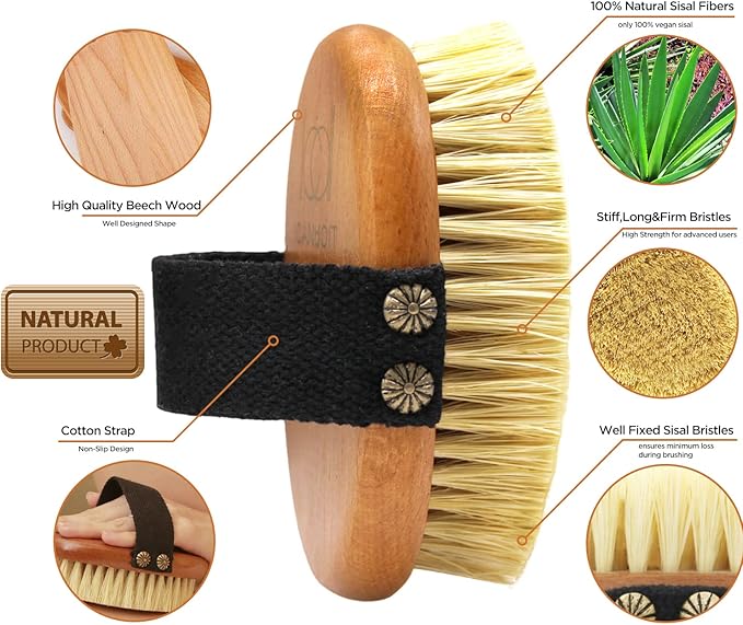 ICANdOIT Dry Brushing Body Brush-Stiff Sisal Bristles Dry Skin Brush,Exfoliating Massage Brush for Cellulite and Lymphatic,Improve Circulation,Stop Ingrown Hairs,Reduce Acne,Soften Skin