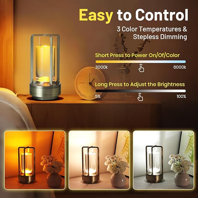 Crystal Table Lantern Light,Battery Operated Rechargeable Cordless Crystal Table Lamp with 3-Color,Portable Outdoor Small LED Desk Lamp for Indoor/Outdoor Patio Camping Bar Restaurant(Silver)