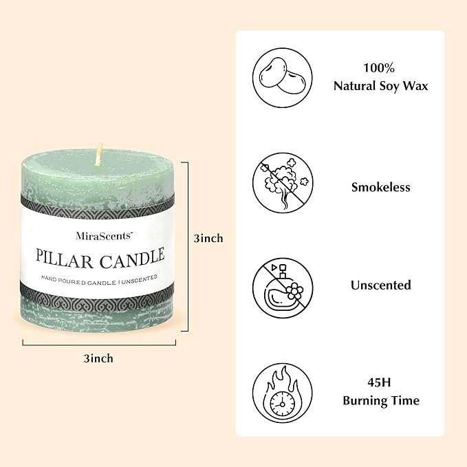 3x3 Inch Sage Green Pillar Candles Set of 3 - Unscented Spring Candles, Long Clean Burning, Large Big Candles, Smokeless Dripless Candles for Spring Home Decor, Dinner Table, Bathroom, Rustic Decor