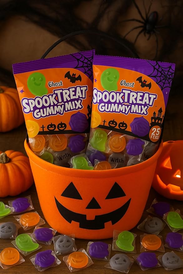 Halloween Spooky Treat Gummy Candy Mix 50 Pcs Individually Wrapped Fruit Flavored Candies - Trick or Treat Party Favor (25 Pcs Per Bag(3.53 oz) - 2 Bags
