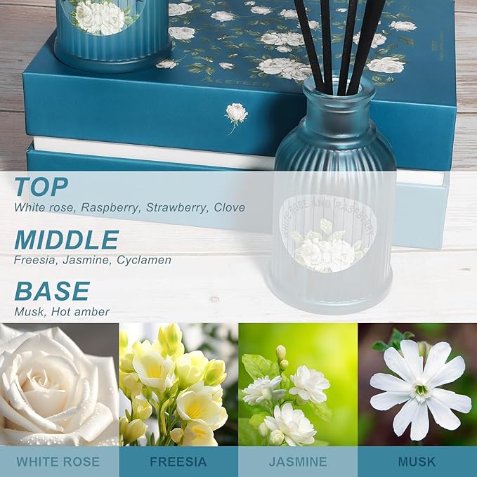 Rose and Berries Reed Diffuser Set, 2-Pack 3.5fl oz Aroma Essential Oils, Flower Scented Oil Home Fragrance with Fiber Sticks, Aromatherapy Air Freshener for Room Shelf Bathroom Decor