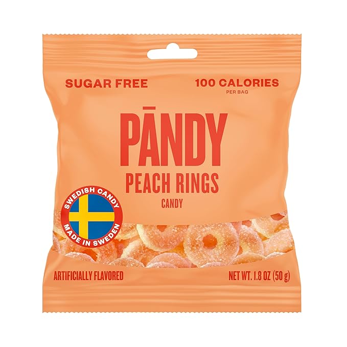PANDY, Swedish Sugar Free Candy, Peach Rings (1.8 Ounce Bags, Pack of 4) - Diet Candy, Healthy, Keto Gummy, Low Calorie Sweets