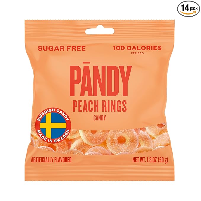 Pandy Swedish Candy Peach Rings Sugar Free Candy 14 Bags. - Swedish Candy Mix - Diet Candy Keto Gummy Low Calorie Snacks - Foam Jelly Sweets No Sugar - Peach flavour Diet Candy Keto Sugar Free Gummy 14 x 1.8oz