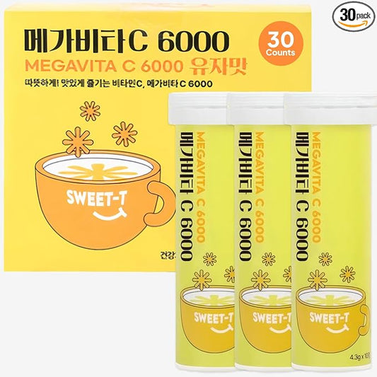 Korean Food Everteen MegaVita C3000 Effervescent Drink – Citrus-Flavored Fizzy Beverage Mix, 3,000mg Vitamin C per Tab, 2 Tabs Daily = 6,000mg, 10 Tabs × 3 Packs