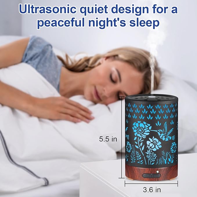 Essential Oil Diffuser- Aromatherapy Diffuser with7 Colors Light, and Auto-Off - Metal Cool Mist Humidifier for Home and Office(Hummingbird)…