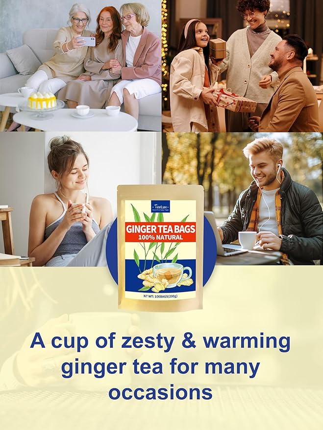 TeeLux Ginger Tea Bags, Natural Ginger Root Tea, Spicy & Zesty & Warm Flavor, Caffeine Free, 100 Count