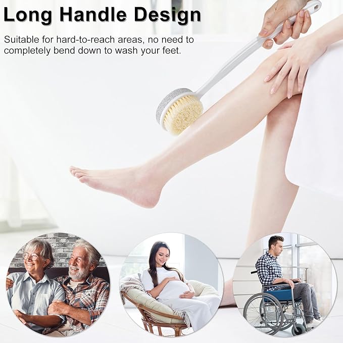 Foot File Callus Remover,Beomeen Pumice Stone for Feet with Long Handle, Hard Skin Callus Remover, 2 in 1 Foot Scrubber Brush, Back Body Brush for Shower Brush Deep Cleansing and Exfoliating (Curved)