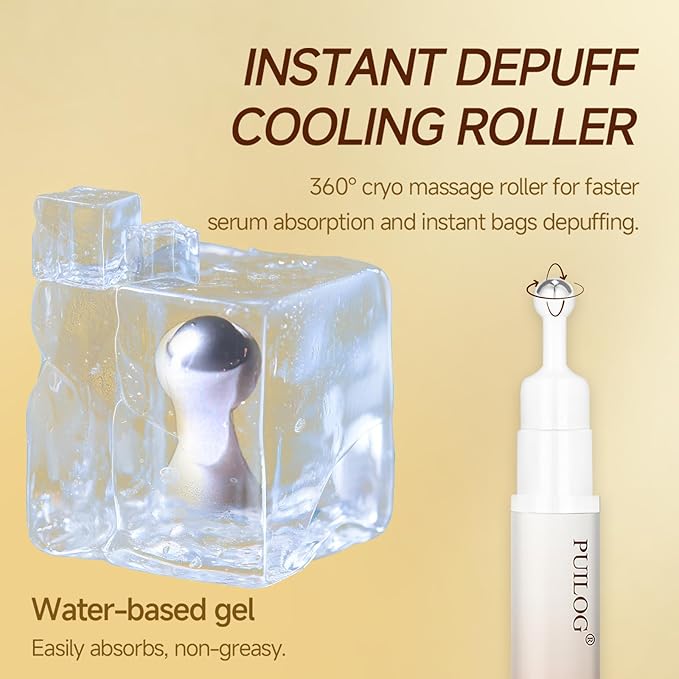 5% Caffeine Eye Serum for Dark Circles Wrinkles Puffy Bags & Fine Lines with Retinal Hyaluronic Acid Peptides, Instant Depuffing Eye Cream with 360° Roller Massage Ball, 0.51 fl oz