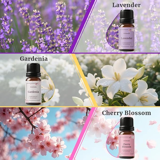 Floral Fragrance Oils, Aromtopia Flowers Essential Oils for Diffusers for Home, 6x10ml, Fragrance Oil for Candle Soap Making, Lavender, Rose, Gardenia, Cherry Blossom, Jasmine, Neroli