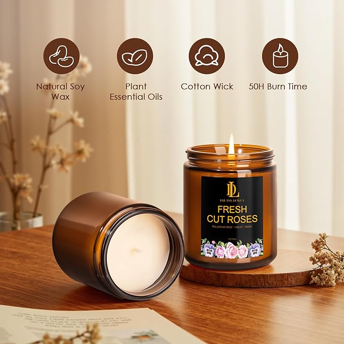 Fresh Cut Roses Candles, Fresh Cut Roses Scented Candle, Mother's Day Candle Gifts for Women, Soy Candles for Home Scented, 7oz 50 Hours Burn, Home Décor
