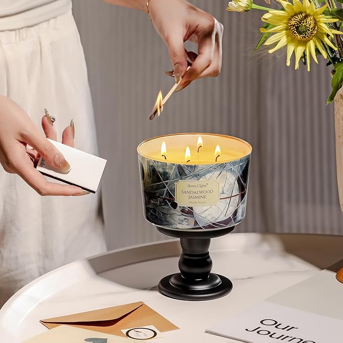 HomeLights Soy Wax Candles for Home Scented, 4-Wick Candles in Sandalwood Jasmine Scented, Industrial Chic Aromatherapy Candles Gift for Parties, Relaxing, 18oz