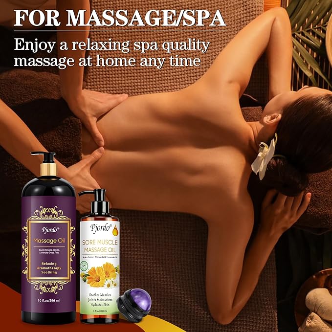 Massage Oil for Massage Therapy, Lavender Massage Oils for Relaxation, Sore Muscle Arnica Oil with Massage Roller Ball, Calming, Moisturizing, Soothes Muscles, Spa Gift Set for Him Her