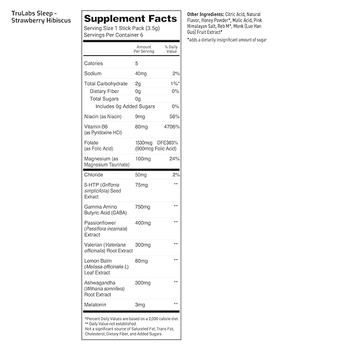 TRULABS Sleep - Strawberry Hibiscus. Sugar Free Sleep Drink. Each Serving Contains: Magnesium, GABA, Passionflower, Valerian Root, Ashwagandha Root & Lemon Balm Leaf Extracts, with 3mg Melatonin (6ct)