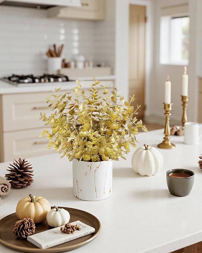 2 Pack Gold Artificial Eucalyptus Plant in Marble Pot, Faux Potted Greenery for Home Decor, Wedding Centerpiece, Christmas Table Decoration, Office Desk & Housewarming Gift