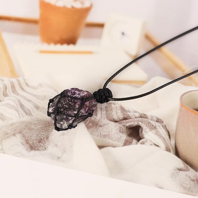 Handmade Natural Gemstone Crystal Pendant Necklace Stone Holder Necklace Cord Net Necklace with Adjustable Length for Women Men