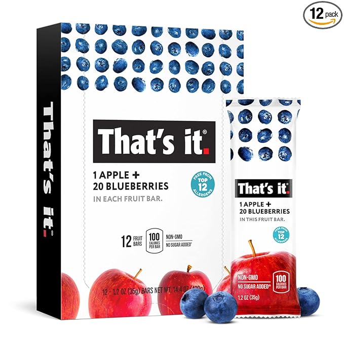 That's it. Apple + Blueberry 100% Natural Real Fruit Bar, Best High Fiber Vegan, Gluten Free Healthy Snack, Paleo for Children & Adults, Non GMO No Sugar Added, No Preservatives Energy Food (12 Pack)