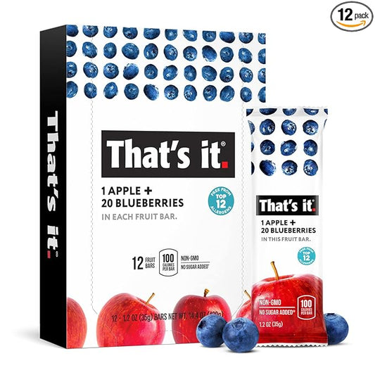 That's it. Apple + Blueberry 100% Natural Real Fruit Bar, Best High Fiber Vegan, Gluten Free Healthy Snack, Paleo for Children & Adults, Non GMO No Sugar Added, No Preservatives Energy Food (12 Pack)