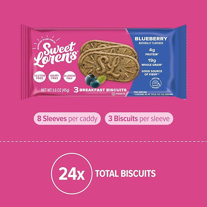 Sweet Loren's Vegan Breakfast Biscuits | Blueberry | 4g Protein, 19g Whole Grains | Plant Based, Gluten Free, Dairy Free, Nut Free Snacks | Grab & Go 8 Pack (24 Total Biscuits, 1.6 ounce each)