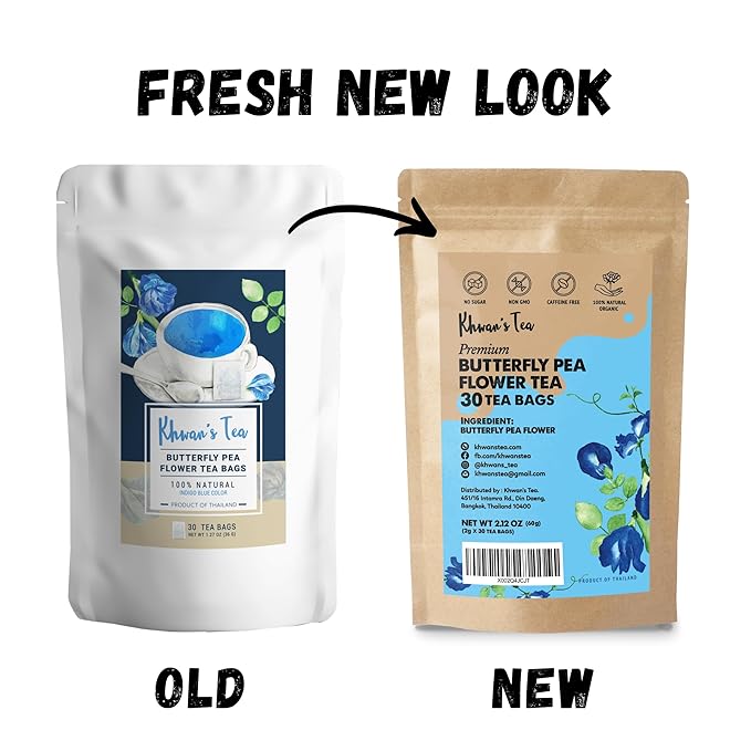 KHWAN'S TEA - Butterfly Pea Flower Tea Bags, Blue Herbal Tea Caffeine Free Natural Coloring, Sourced from Thailand