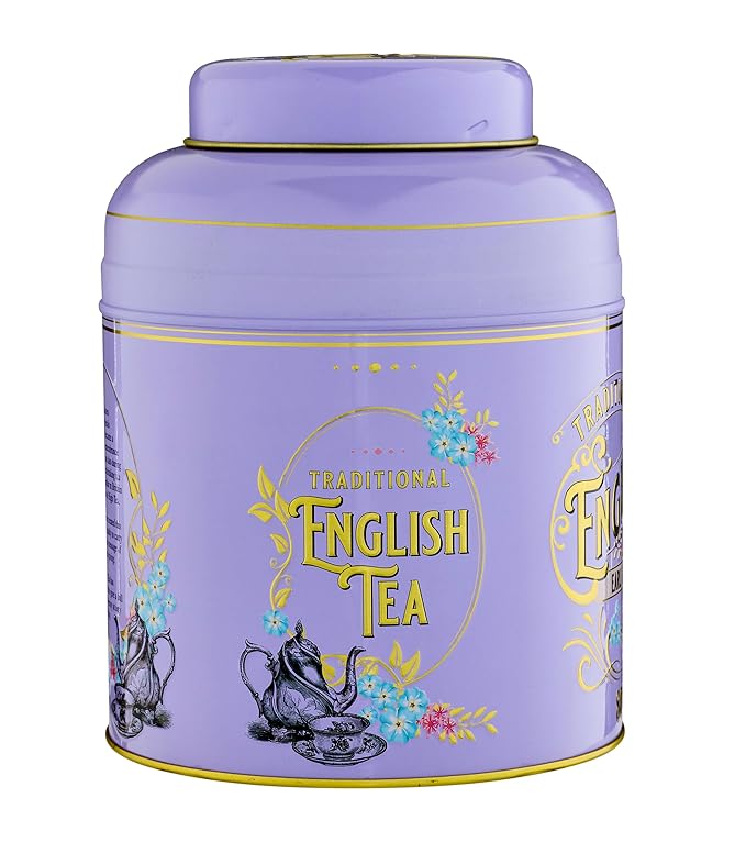 New English Teas VIntage Victorian Tea Caddy with 80 Earl Grey Teabags – Lilac – Forget Me Not Florals & Classic Tea Set Design