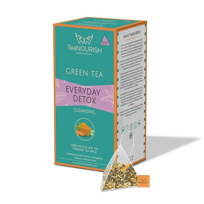 TeaNOURISH Everyday Detox Green Tea Bags | 20 Count Pyramid Tea Bags | Darjeeling Whole Leaf Tea | 100% Natural Turmeric, Ashwagandha, Cardamom, Shatavari, Stevia