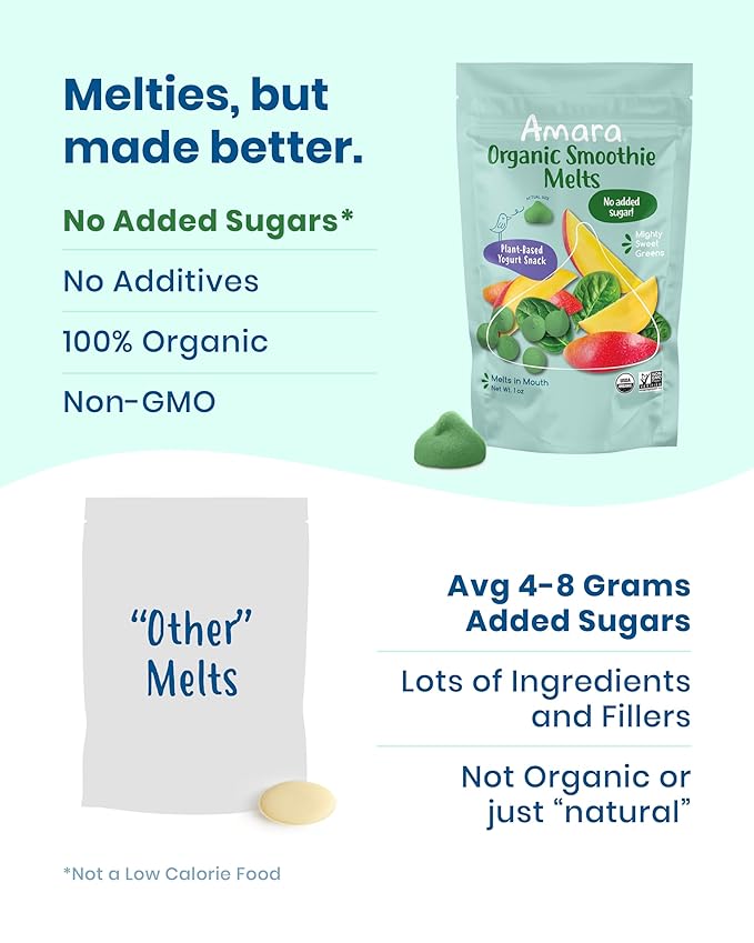Amara Smoothie Melts - Mighty Sweet Greens - Baby Snacks Made With Fruits and Vegetables - Healthy Toddler Snacks For Your Kids Lunch Box - Organic Plant Based Yogurt Melts - 6 Resealable Bags