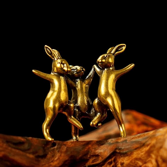 CHOVY Dancing Rabbits Trio - 100% Solid Brass Sculpture, Vintage Whimsical Home Decor, Interlocking Joyful Bunny Figurine for Easter & Spring, Unique Gift Idea, Handcrafted Collectible Art Piece