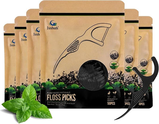 Plant Based Dental Floss Picks (300 Count) - Freshlock EcoPouch, Plant Based, Vegan, Eco Friendly, Sustainable Dental Flossers - Twin Floss (Charcoal)