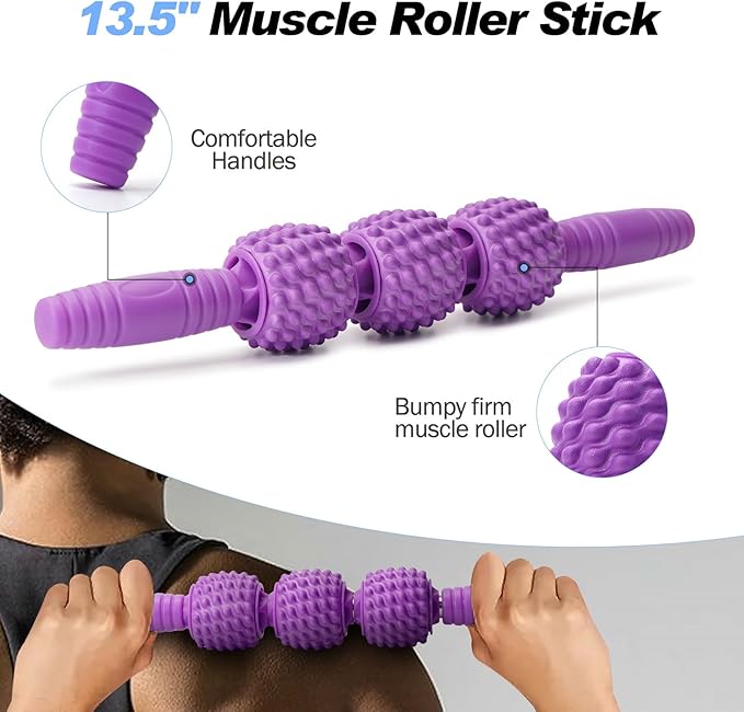 5 in 1 Foam Roller Set Trigger Point Foam Roller, Massage Roller Stick, Massage Ball, Stretching Strap for Deep Muscle Massage Pilates Yoga, Fitness Exercise for Whole Body (Purple Diamond)