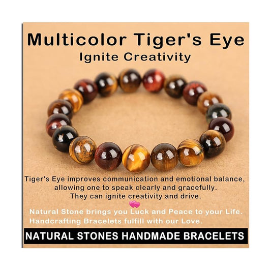 AD Beads Handmade Gemstone Stretch Elastic Bracelet Crystal Healing Reiki Nature's Beauty and Spiritual Essence Unisex (10mm, Multicolor Tiger's Eye (Ignite Creativity))