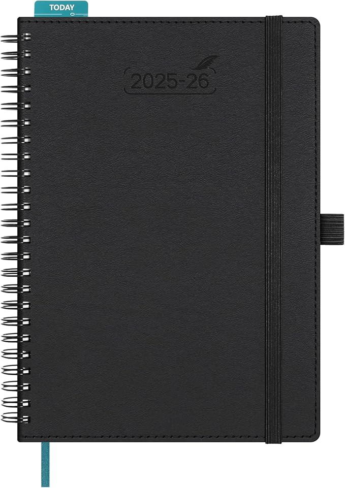 BEZEND Planner 2025-2026 Weekly and Monthly, 5.8" x 8.5" Academic Calendar (Jul 25-Dec 26) Vertical Daily Appointment with Hourly Timeslot & Monthly Tab, Spiral, PU Leather Softcover - Black