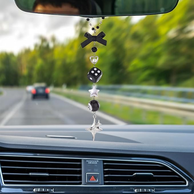 Black Bow Beaded Car Rearview Mirror Chain - Y2K Aesthetic Hanging Charm with 8 Ball & Star Pendant, Cute Car Interior Decor Ornament Accessory, Gift for Women Men