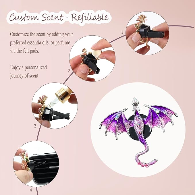Bling Wyvern Car Air Freshener Vent Clips,2pcs Alloy Purple Enamel Dragon Vent Clips Car Accessories,Refillable Car Diffuser with Felt Mads,Coffee Fragrance Tablets
