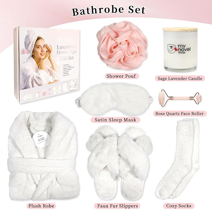 Birthday Gifts For Women, Bathrobe Set With Silky Satin Sleep Mask, Spa Robe and Slippers set, Scented Candle Self Care 7 Pack Set Suitable For Christmas Thanksgiven Day Beige