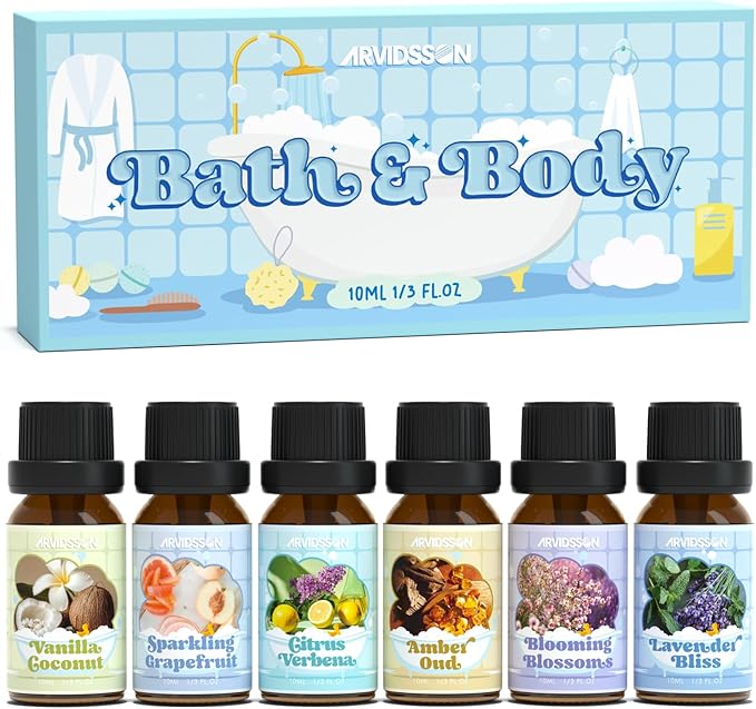 Bath Fragrance Oils Set, ARVIDSSON Natural Spa Essential Oils for Diffuser, Soap and Candle Making, Vanilla & Coconut, Lavender Bliss, Sparkling Grapefruit, Citrus Verbena, Amber Oud, Scented Oils