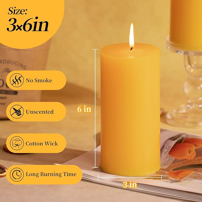 KONNI Yellow Pillar Candles Set of 3, 3"x 6" Unscented Pillar Candles Bulk, 56 Hours Long Burning Candles, Smokeless&Dripless Large Round Candle for Wedding, Home Decoration, Parties, Spas, Dinner