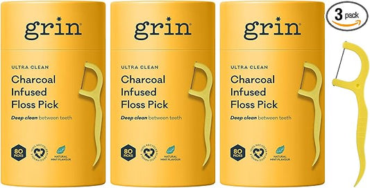 Grin Tooth Picks Flossers for Adults – Charcoal Infused Dental Floss Picks for Teeth Cleaning - Natural Mint Flavor - 100% Recycled Plastic Handle - 80 Count Canister (Pack of 3)